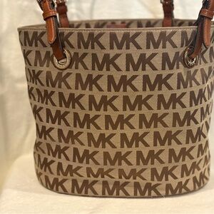 Michael Kors Tan and Brown MK Tote Bag with snap closure